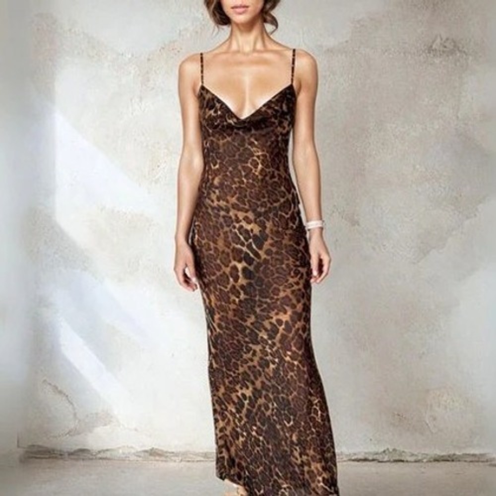 Micas Leopard Print Maxi Dress Cowl Neck Spaghetti Strap Party Dress Size M